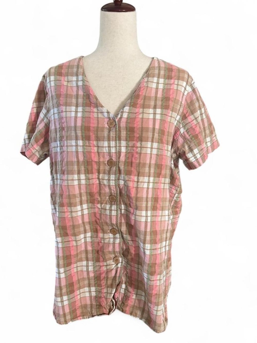 Only Necessities Pink & Tan Plaid Button-Front Women's Top